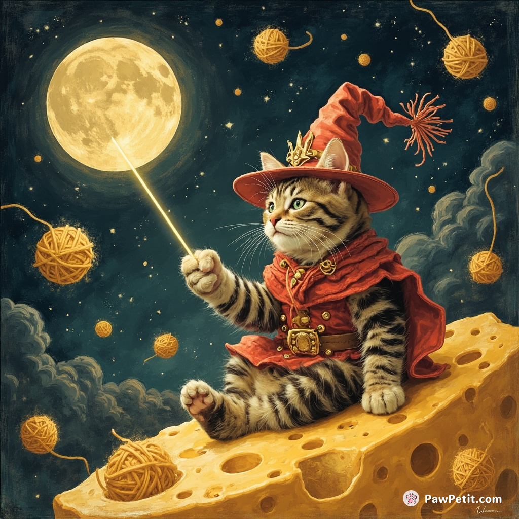 Cat conquering the cheese moon using laser yarn balls.