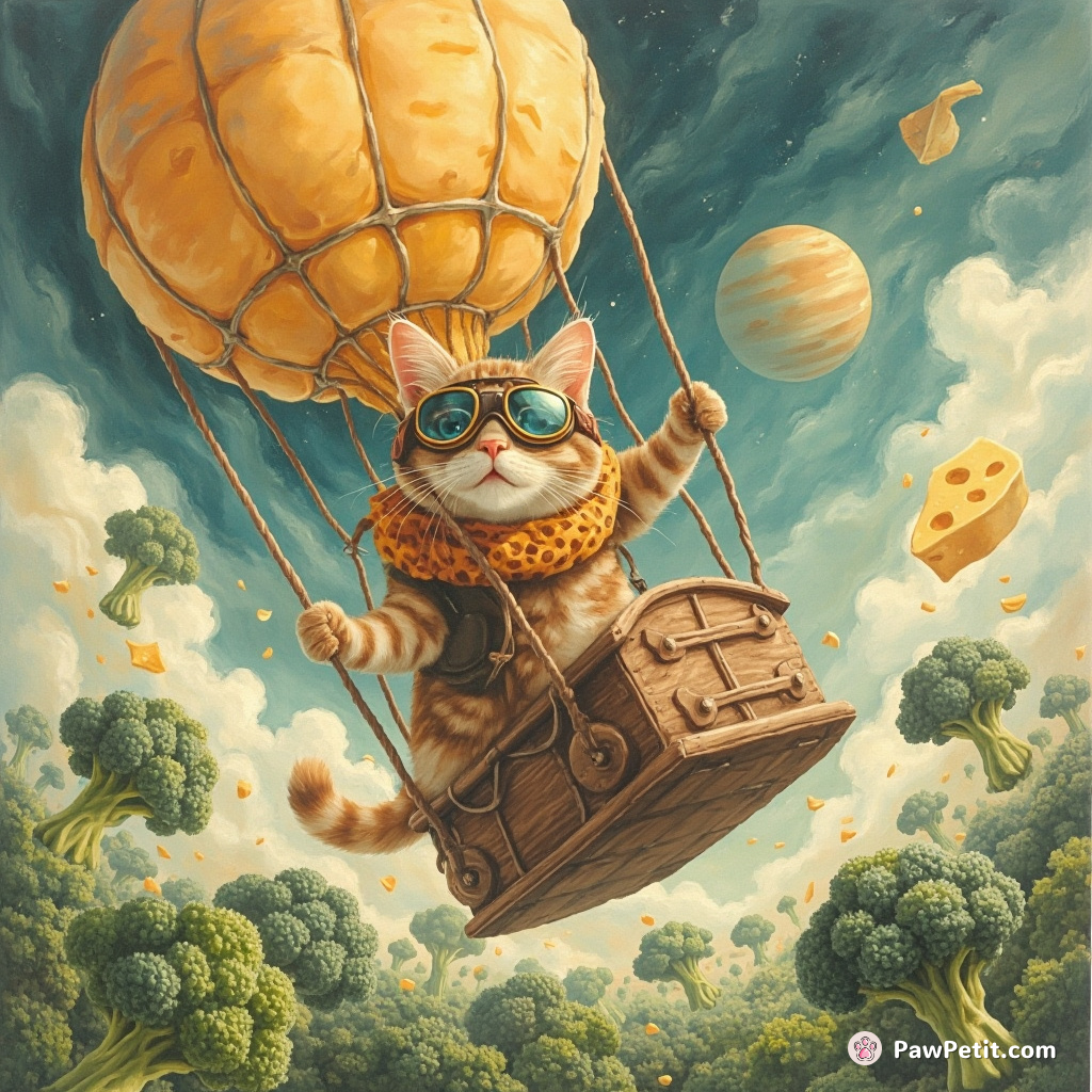 A cat flying a steampunk hot air balloon, wearing aviator goggles and battling a swarm of sentient broccoli with its paws. The backdrop is an ominous cheddar cheese planet.