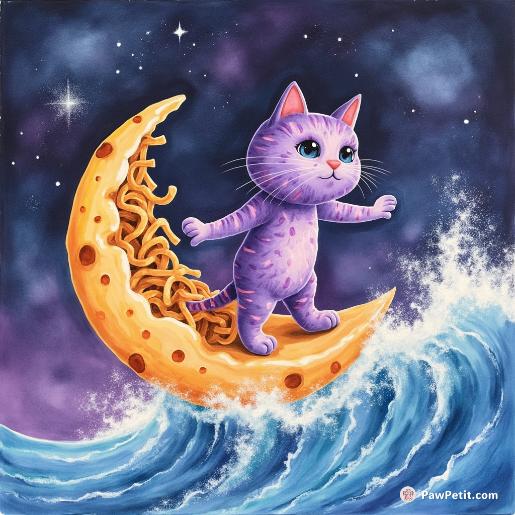 A purple galaxy-patterned cat surfing on a cheese moon wave transforming into nachos in zero gravity.