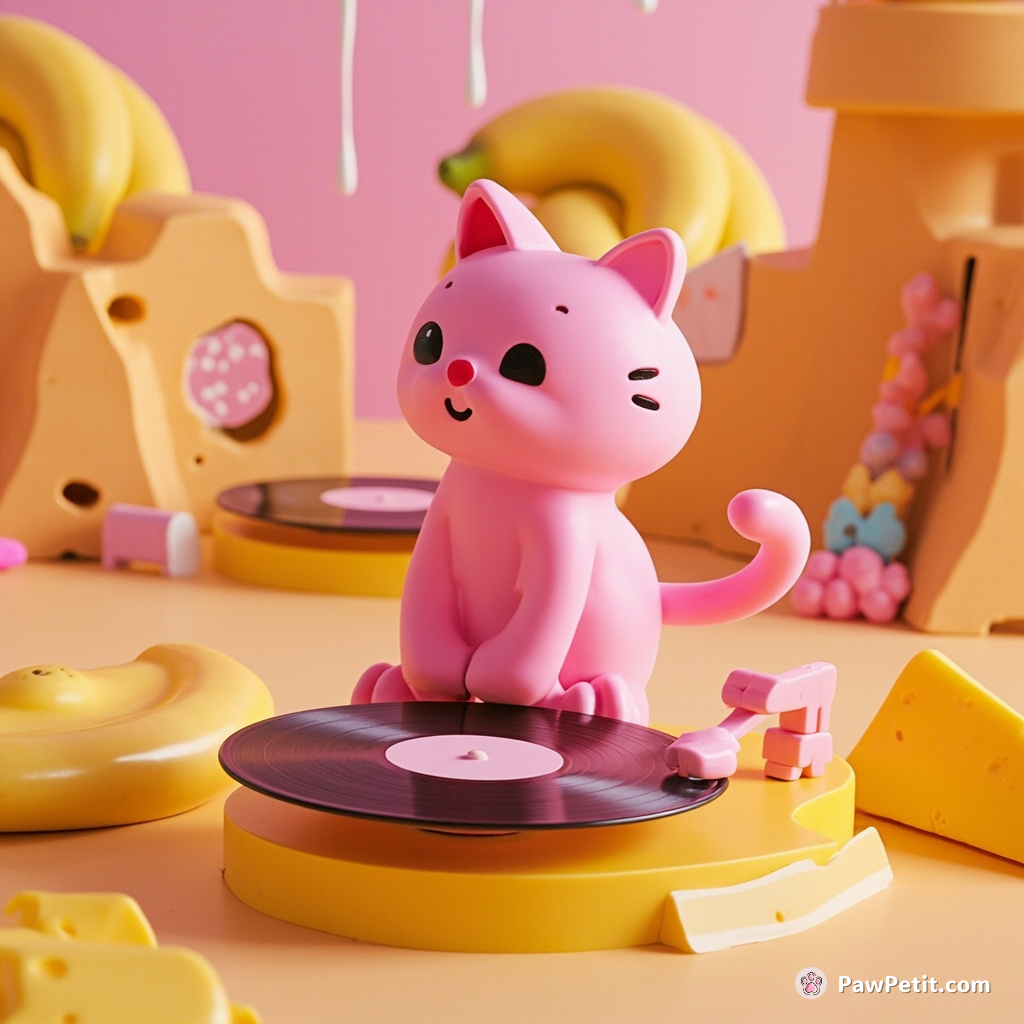A neon pink cat spinning vinyl records on turntables made of cheese under a waterfall of banana milk.