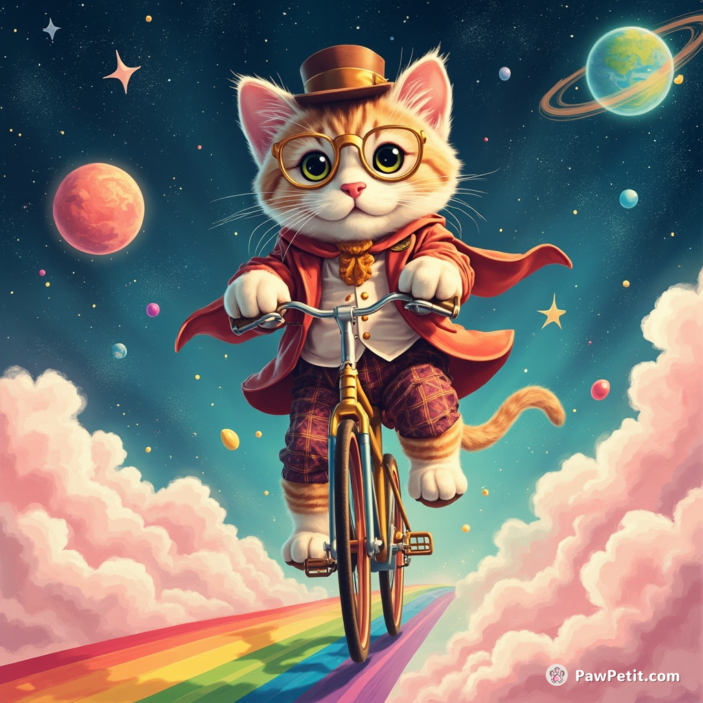 Dapper cat pedaling a cotton candy cloud bicycle on a rainbow road in space.