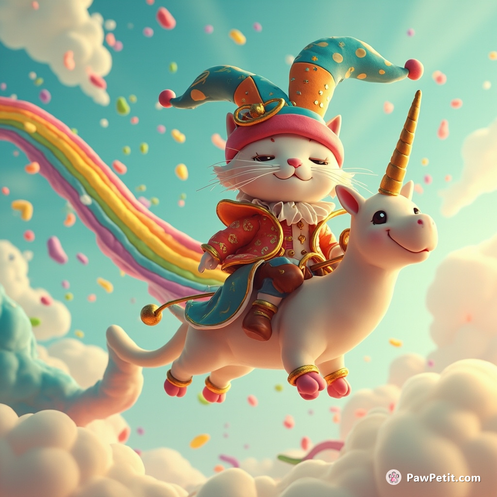 A cat, dressed as a Shakespearian jester, is riding a rainbow narwhal across a sky filled with flying Haiku.