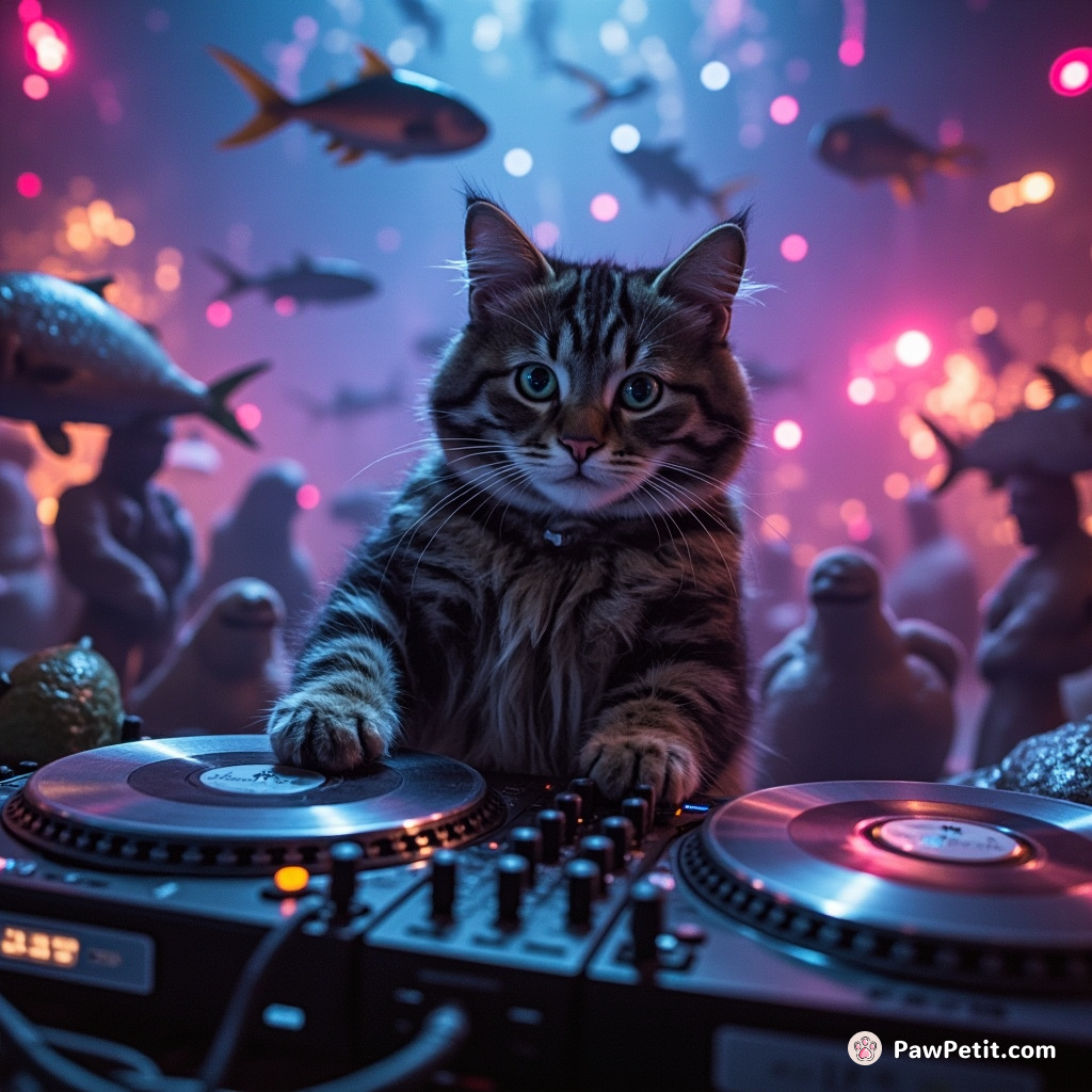 A cat DJing on turntables made of fish, in a neon-lit underwater club filled with dancing sea creatures.