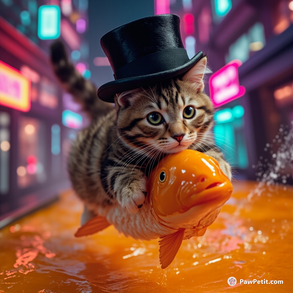 A cat in a top hat thinking deeply while flying on a squirming fish over an ocean of marmalade