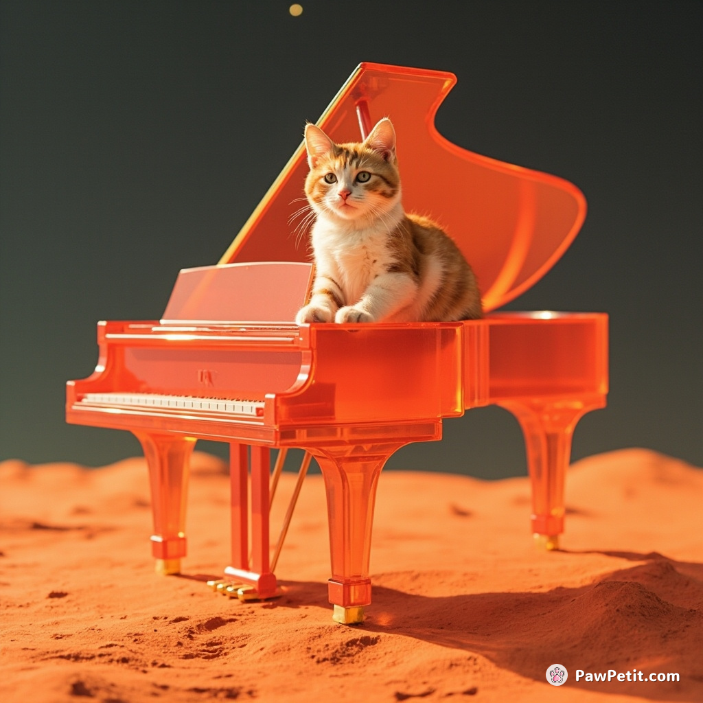 A cat playing a grand piano made entirely of Jell-O on Mars.