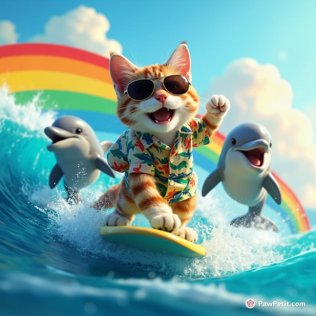 A cat surfing on a rainbow wave with dolphin friends, sporting sunglasses and a Hawaiian shirt.
