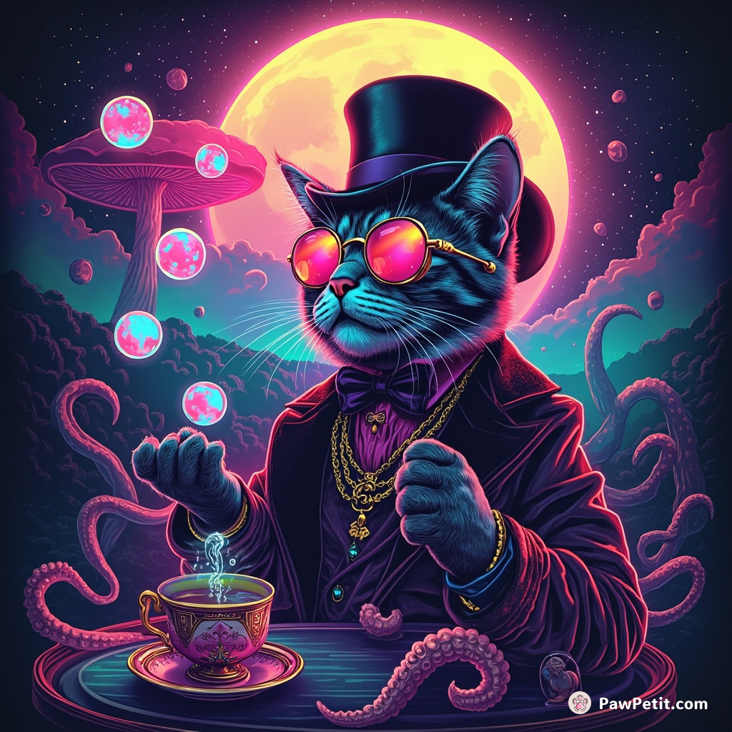 A cat juggling crystal orbs under a mushroom moon, sipping from an ornate tea cup with an octopus tentacle while wearing a monocle and top hat.