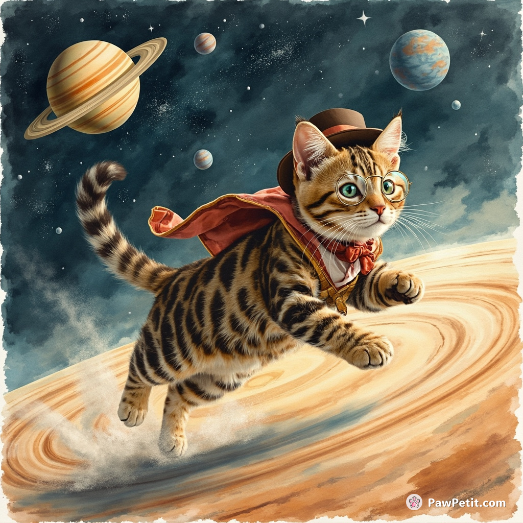 A striped tabby cat sprinting across the rings of Saturn while wearing old Victorian attire and spectacles.