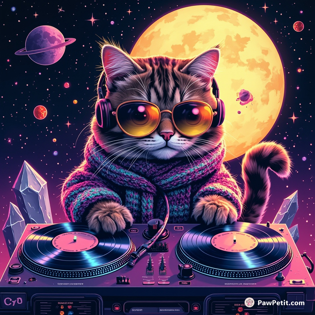A disco cat DJing under a crystal moon, using quasar-driven turntables wrapped in cosmic vinyl records.