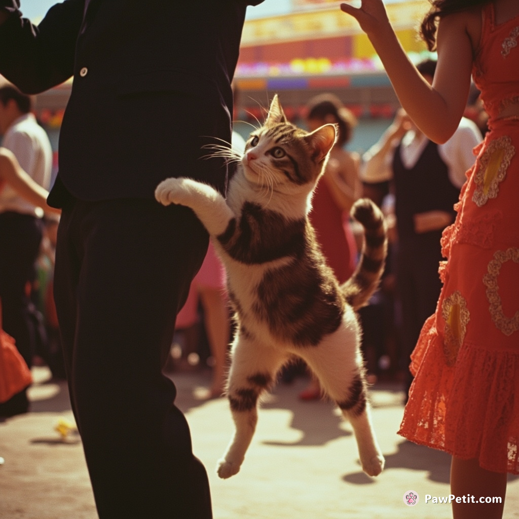 A cat inadvertently leaps into a vibrant salsa dance circle, swaying vivaciously and tangling between agile dancers' legs.