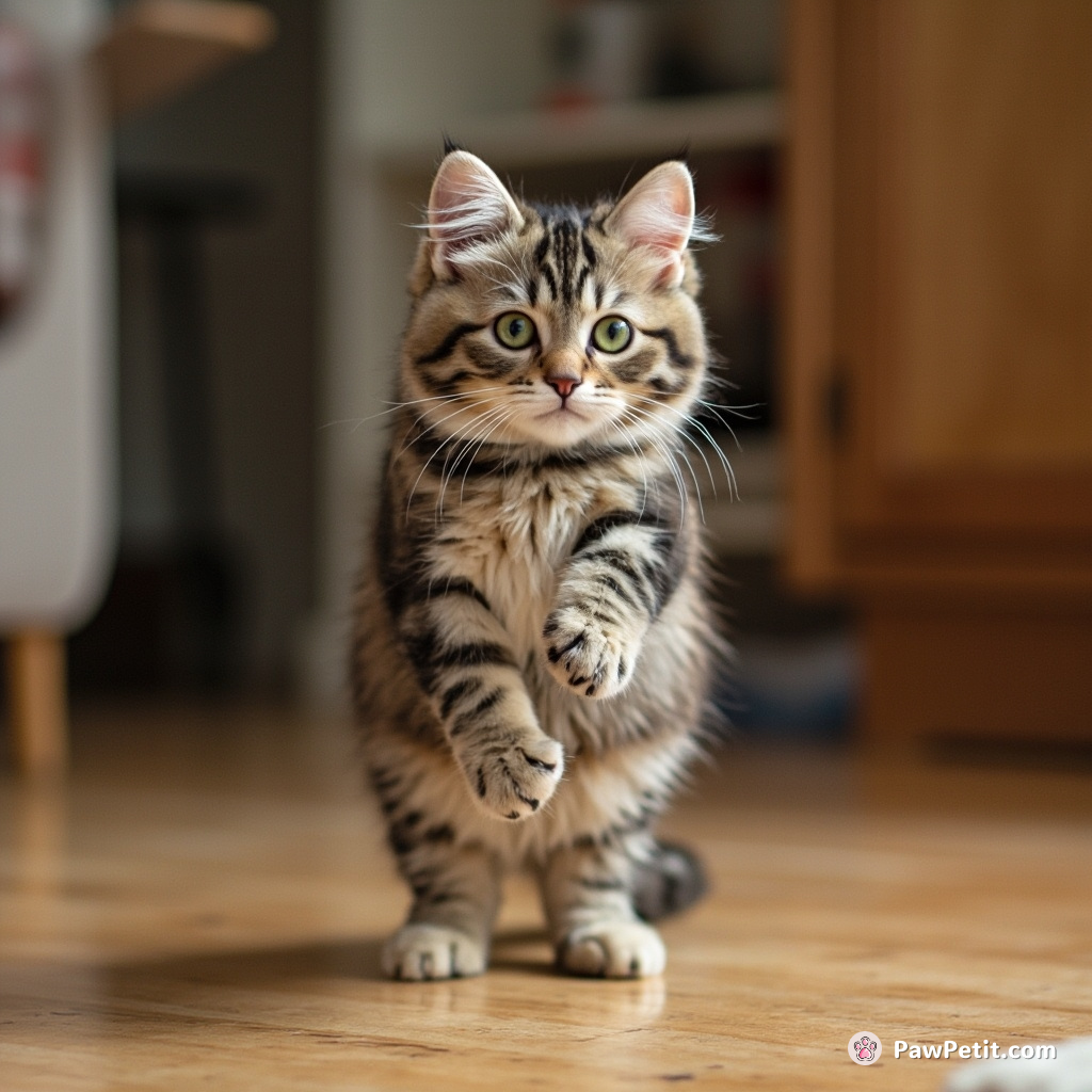 The cat consistently walks on its hind legs, attempting to master the uneven bipedal gait typical of humans.