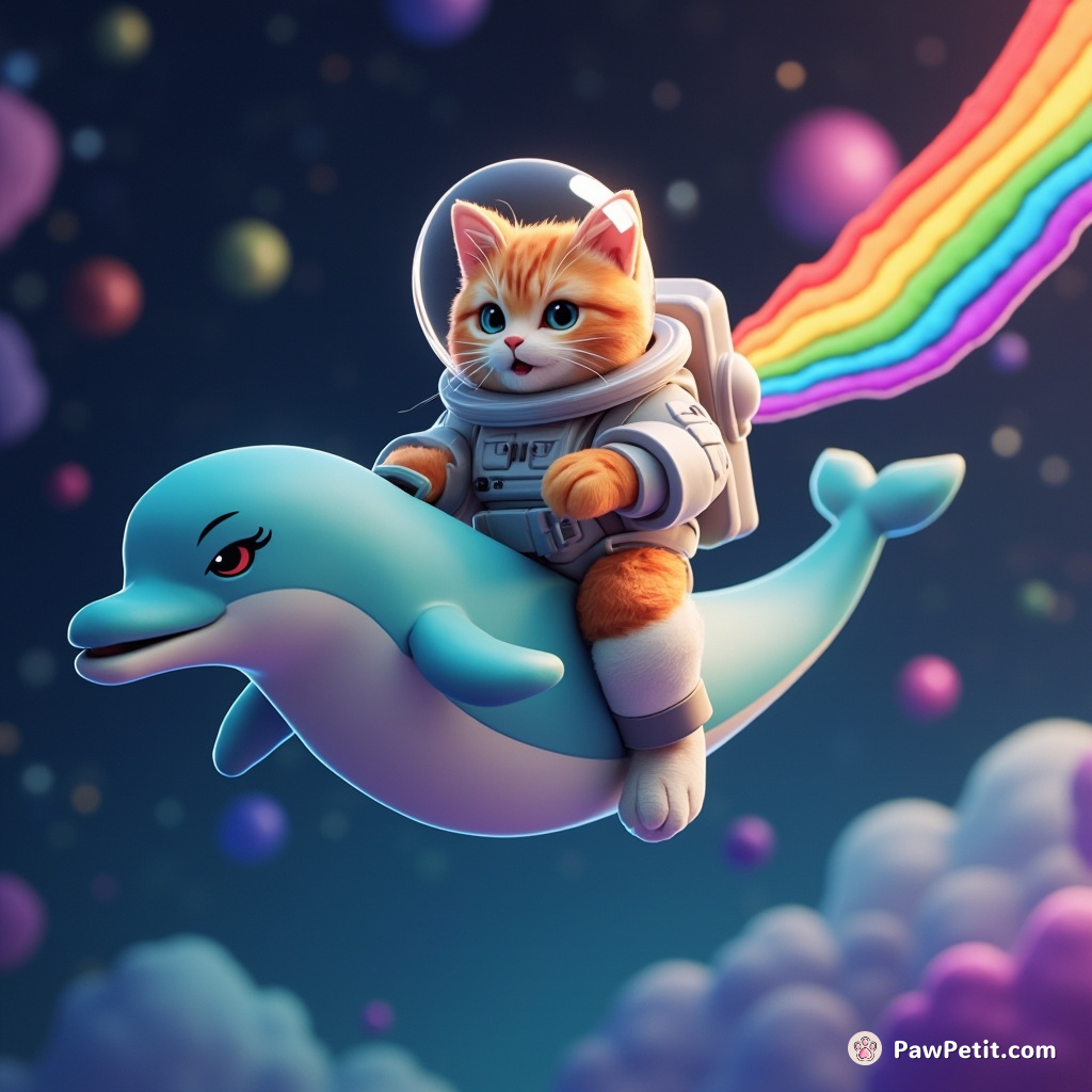 A cat dressed in an astronaut suit riding a rainbow-shooting dolphin through the galaxies.