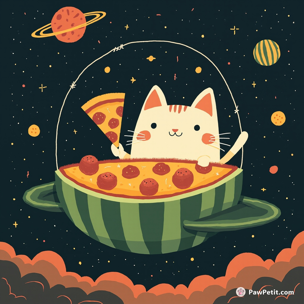 Cat throwing intergalactic pizza party inside a watermelon shaped spaceship.