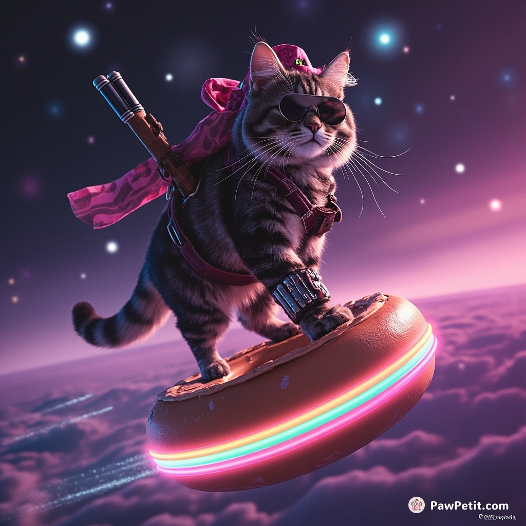 A three-legged space pirate cat with an LED-lit prosthetic, zipping through a donut-shaped galaxy on a rainbow bacon hoverboard.