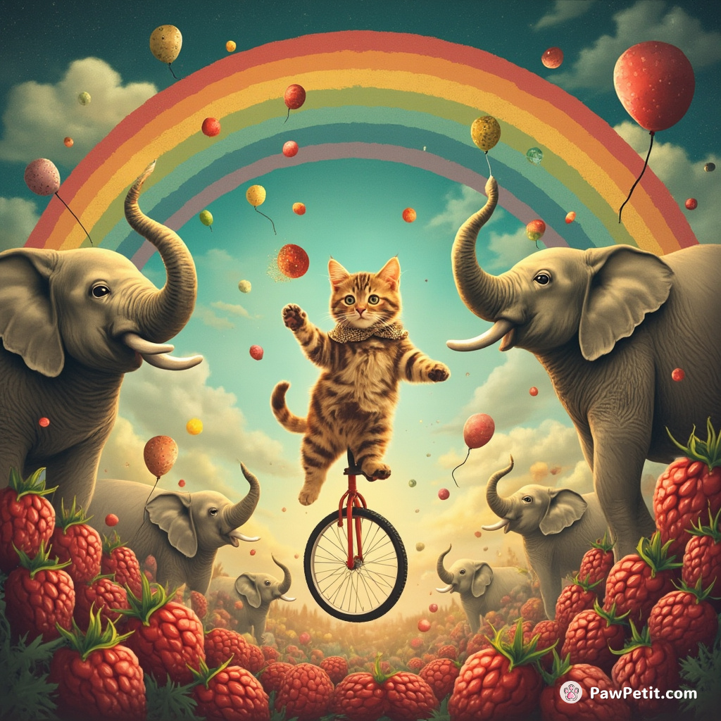 A tiny cat on a unicycle juggling salt-shaker elephants under Raspberry rainbows in an upside-down circus.