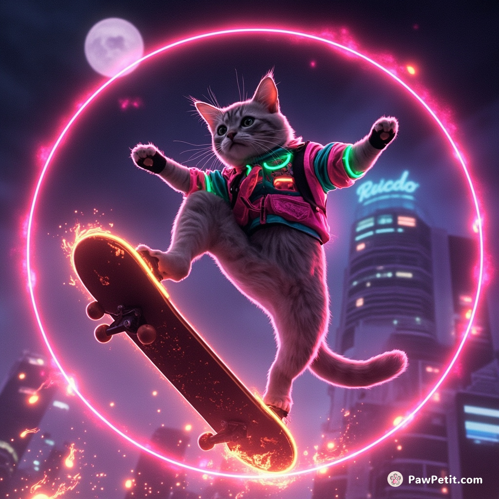 A neon cyber-cat defying gravity on its futuristic skateboard, doing a backflip through a holographic ring of fire under a 1980's retro virtual sky.