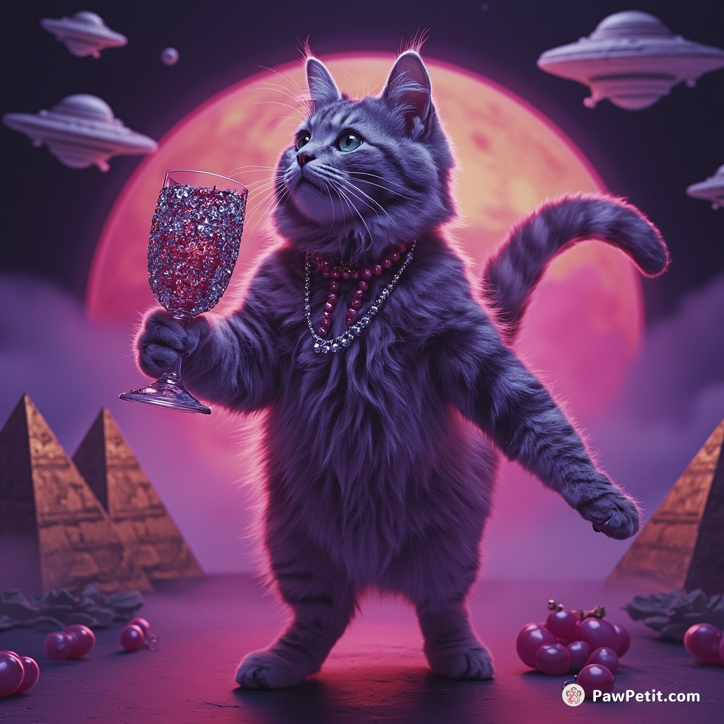 A cat performing a lunar salsa dance while drinking sparkling grape juice from a diamond-crusted goblet, as pyramids and flying saucers twirl in the cosmic background.