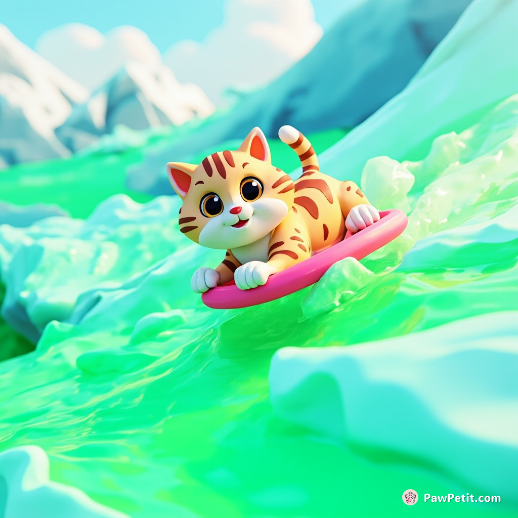 A tabby cat repelling down a glacier made of neon green jello.