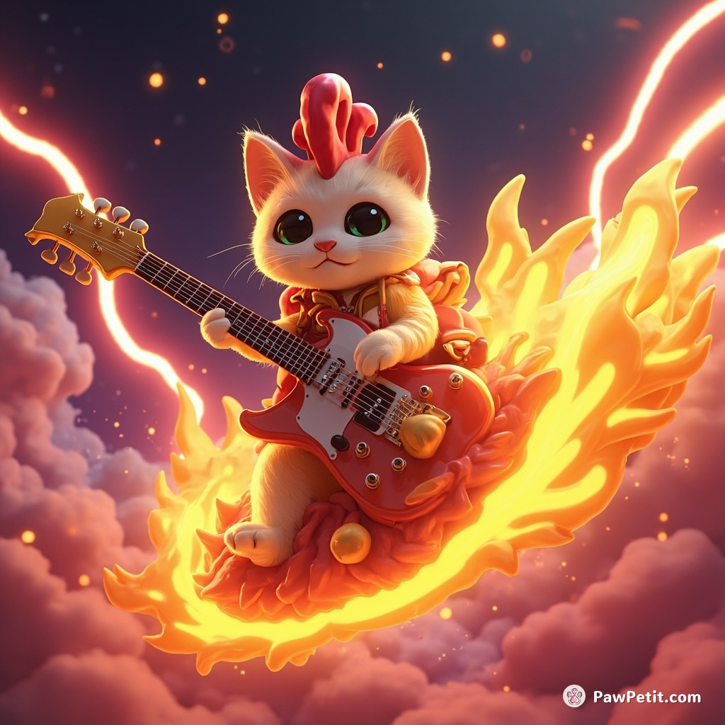 Cat riding a flaming comet while playing an electric guitar adorned with neon chicken feathers