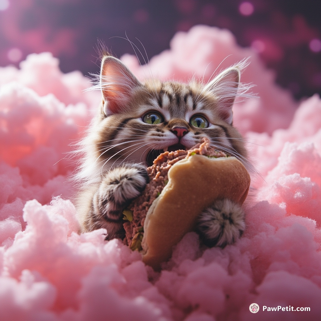 A cybernetic cat ravenously devouring a galaxy-sized tuna sandwich amidst fluffy cotton candy clouds.