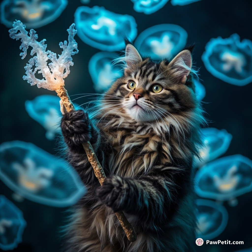 Cat conducting an undersea orchestra of luminescent jellyfish, with a coral baton.