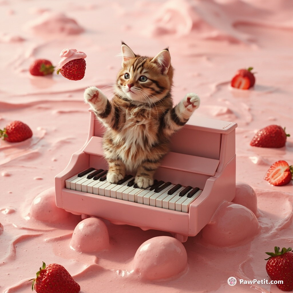 Cat performing magic tricks on a floating piano, in the middle of a sea made of strawberry milk.