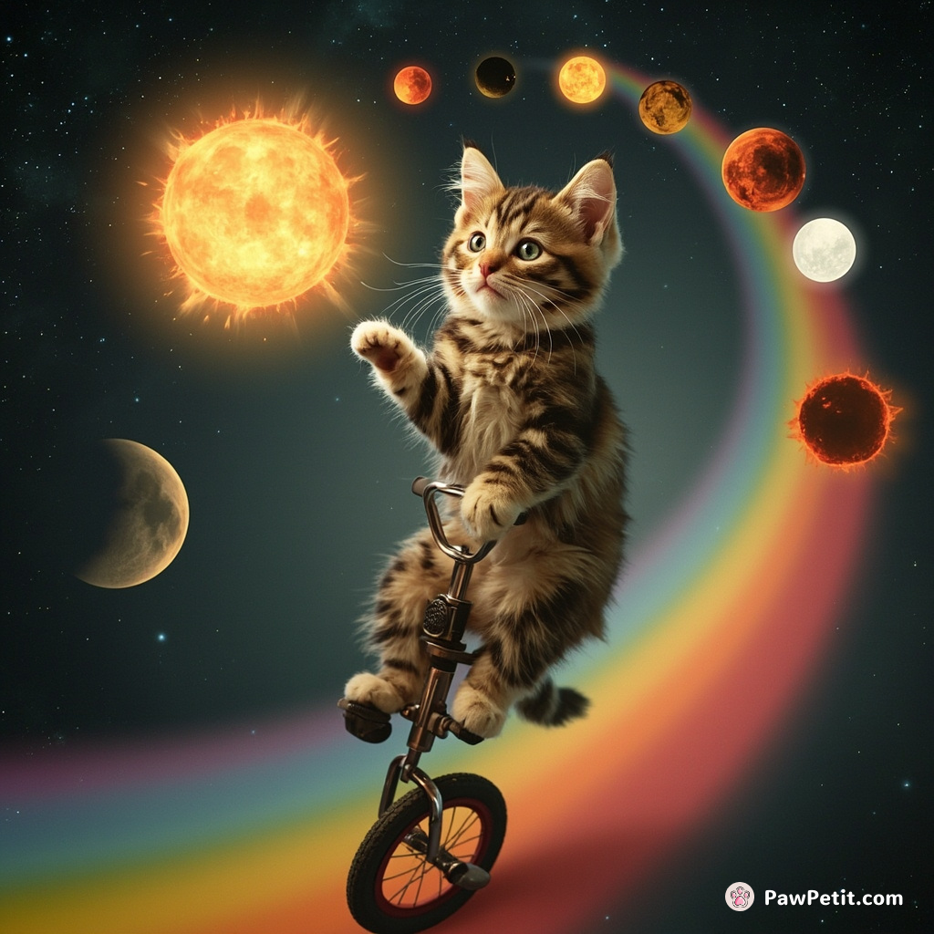 A cosmic kitten juggling suns, moons, and supern showing different phases on a unicycle pedaling across a spiraling rainbow.