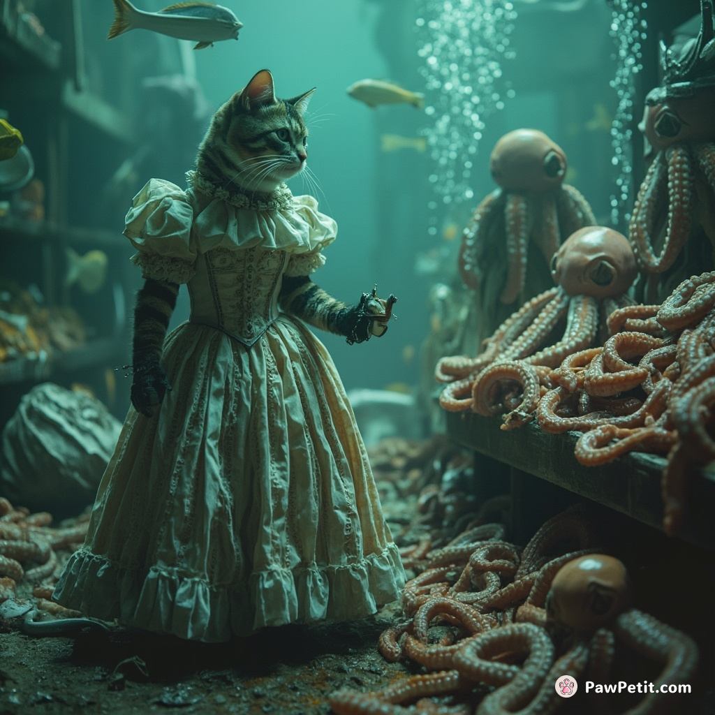 Cat in a Victorian-era dress, negotiating seafood prices with equally dress-clad octopuses in an underwater farmers market.