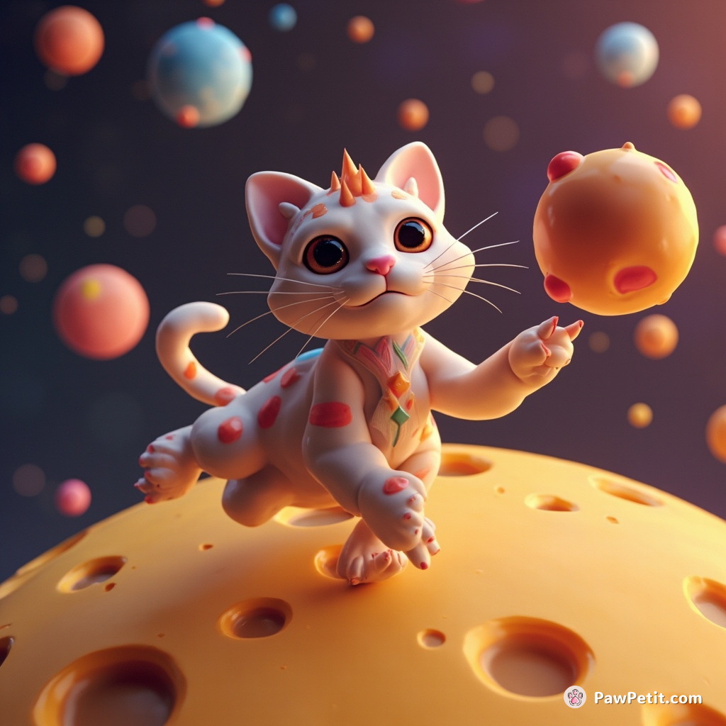 A polymorphic cat juggling nebulae on the surface of a floating cheese moon.