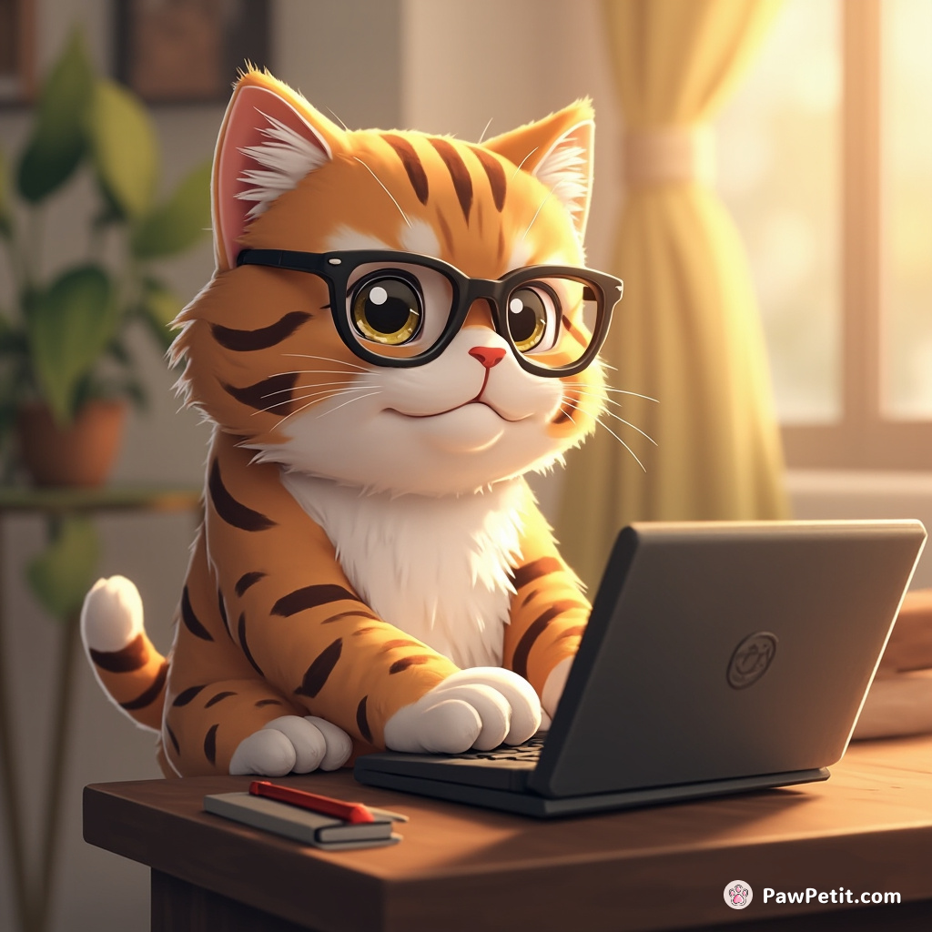 The cat sits at a tiny desk, wearing glasses, typing on a miniature laptop with exaggerated seriousness.