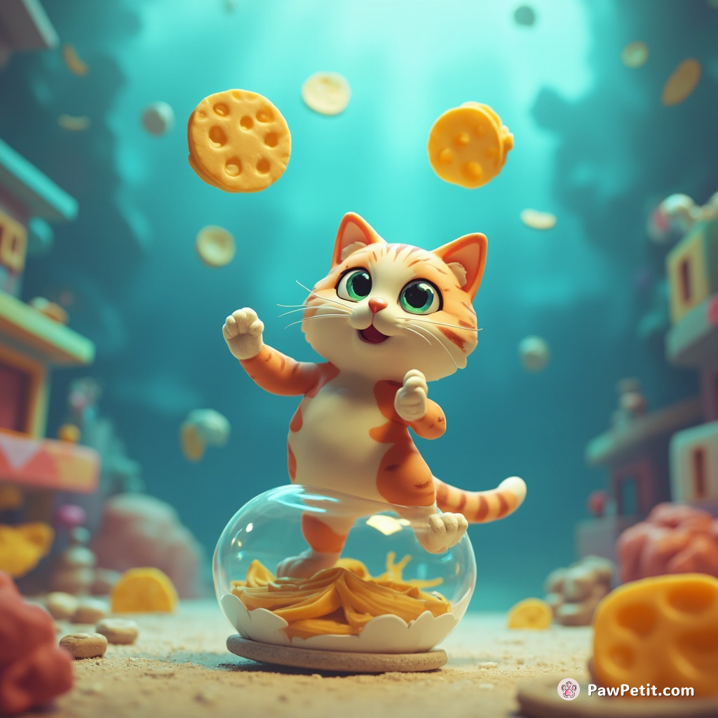 A cat juggling moon-shaped cheese slices while balancing on a floating bubble in an underwater city.