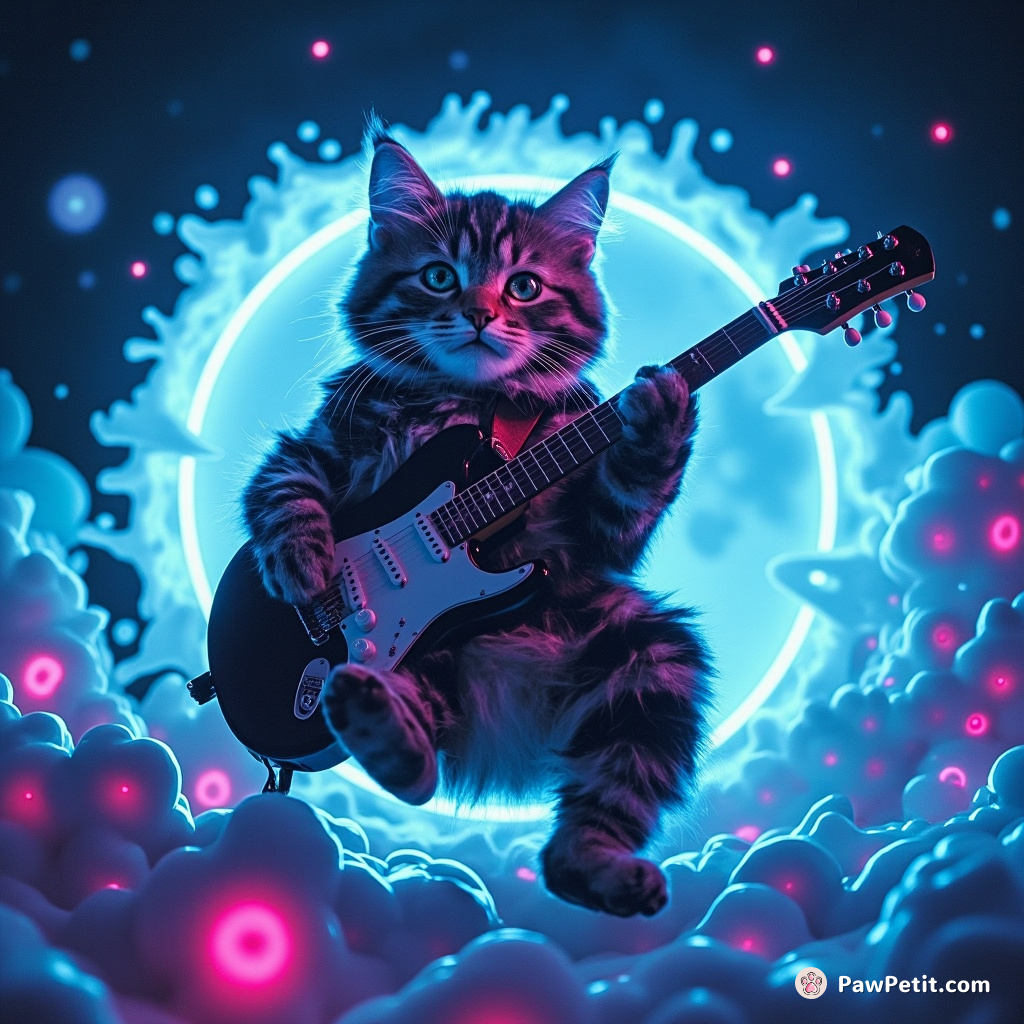 A punk rock cat doing a guitar solo on a cheese moon under swirling neon-blue milk galaxies.