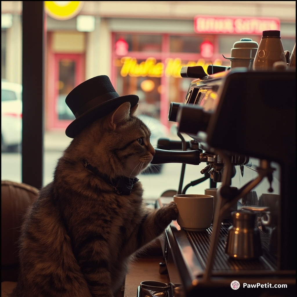The cat, wearing a tiny hat, attempts to order a coffee, knocking over the espresso machine with a swift paw swipe.