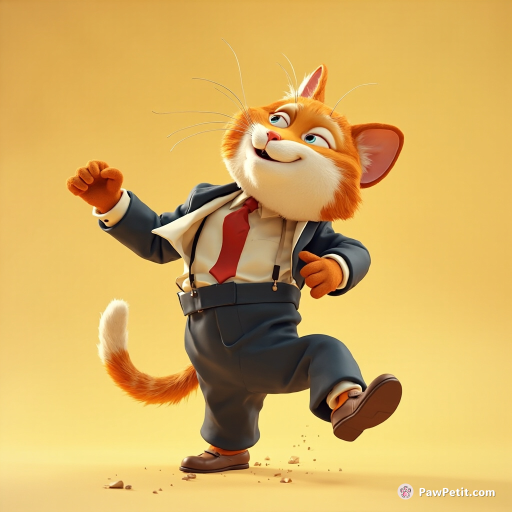 Cat, attempting to walk upright, slips into suit pants; causes comedic chaos while head is stuck in trouser leg.