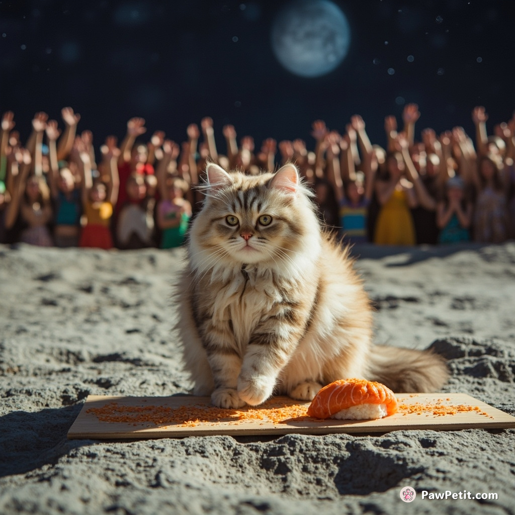 A cat participating in a heated sushi rolling competition on the moon, surrounded by cheering extraterrestrial spectators.