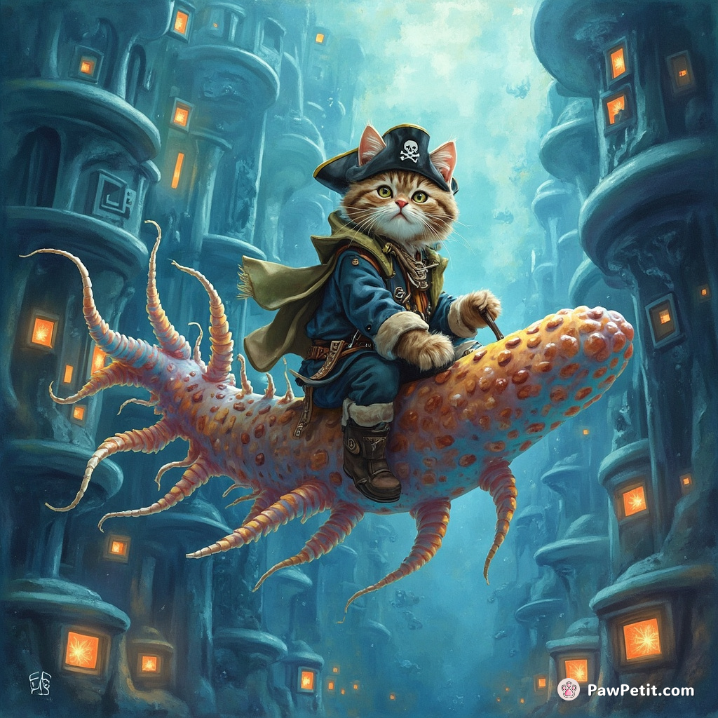 A pirate cat gallantly riding a giant sea cucumber through a phosphorescent, underwater city.