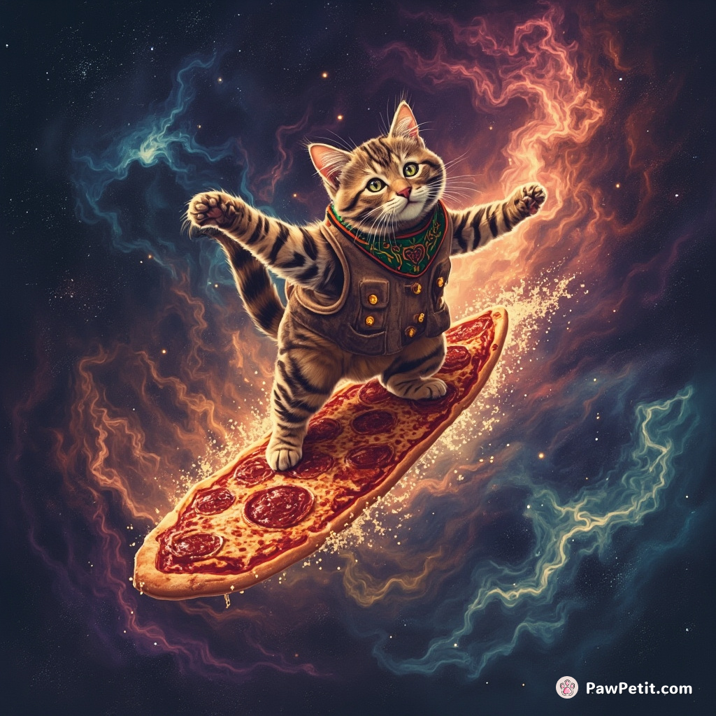 A cat surfing on a slice of pepperoni pizza amidst an intergalactic nebula.