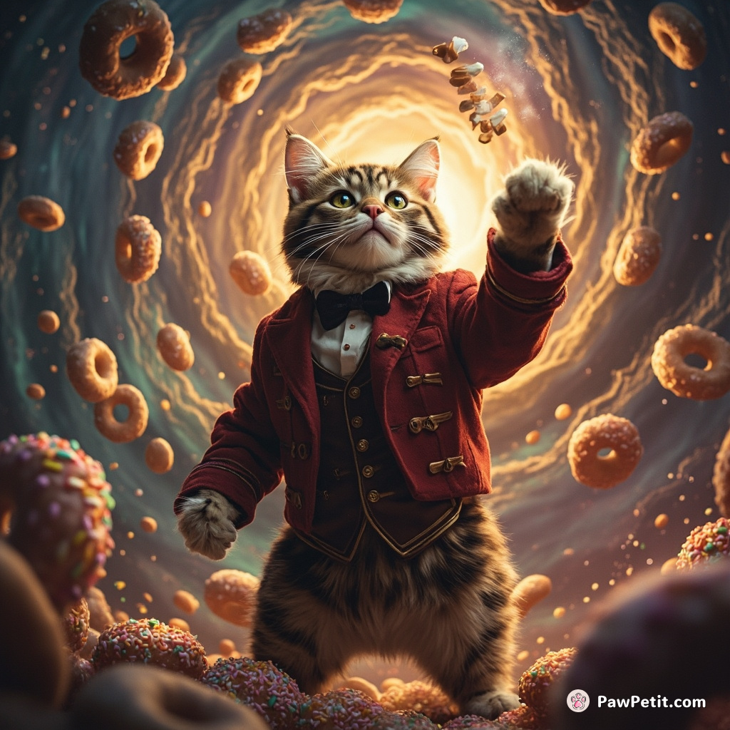 A Victorian styled muscle-cat throwing sprinkle donuts into a cosmic vortex.