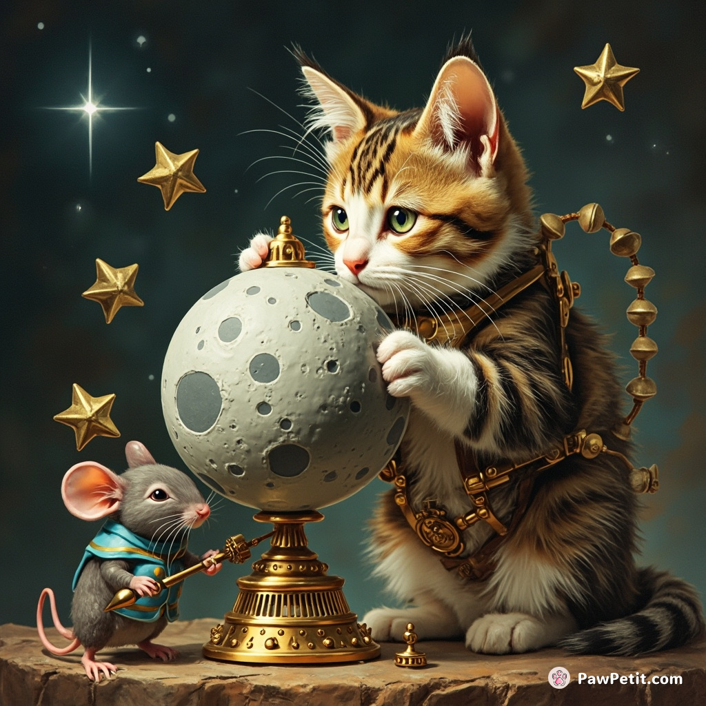 Steampunk cat repairing a tiny lunar module, using a cogwheel mouse as a tool.