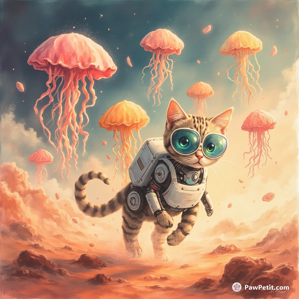 Cyborg cat leading a parade of floating jellyfish on Mars.
