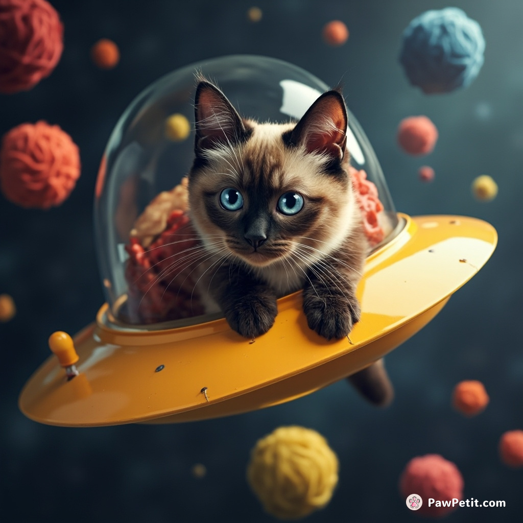 A blue-eyed Siamese cat commanding a cheeseburger spaceship, flying through a galaxy of yarn balls.