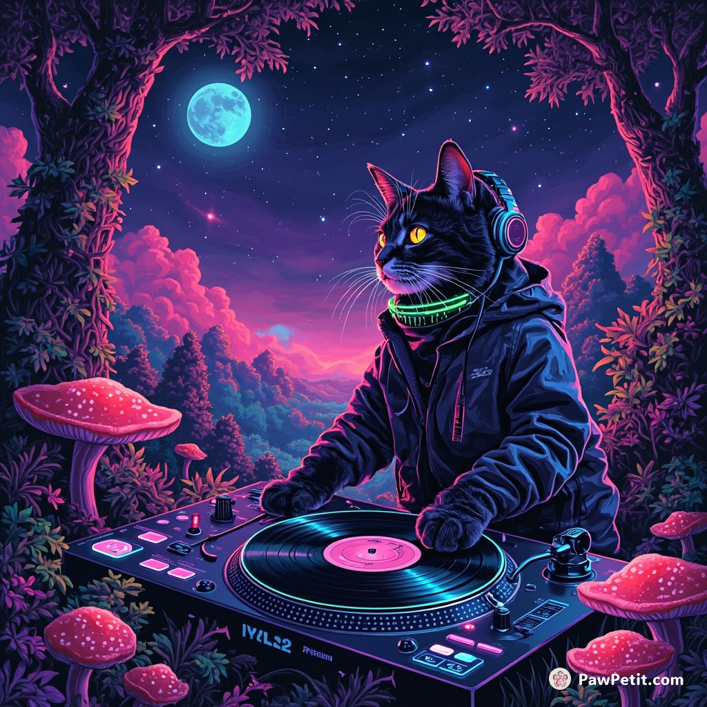 A cyberpunk cat DJ spinning vinyl records in a floating neon mushroom forest under bioluminescent night sky.
