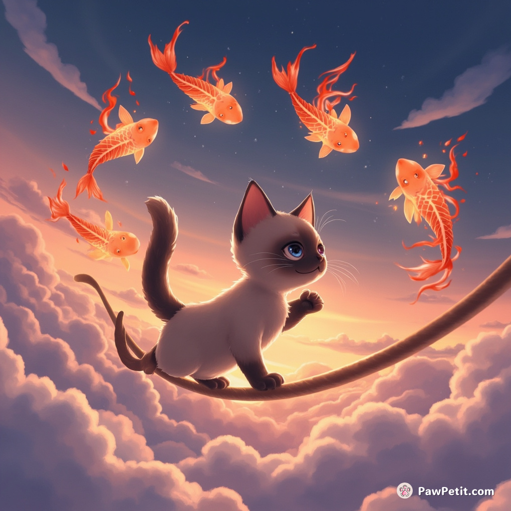 A Siamese cat juggling flame-shaped fishes on a tightrope over an ocean of clouds at a surreal twilight.