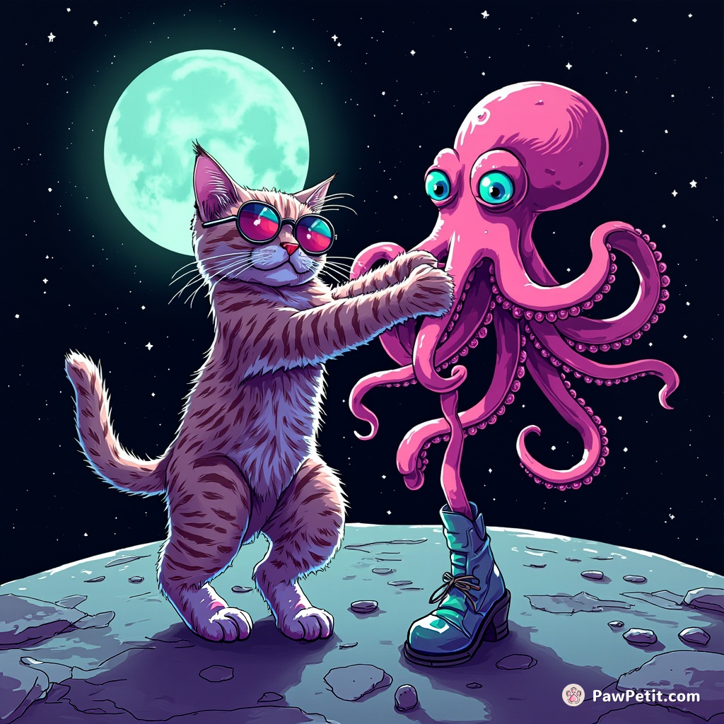 A cat salsa dancing with a grumpy octopus on the moon.