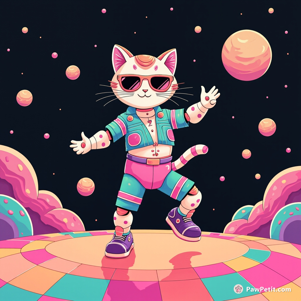 Cybernetic feline salsa dancing on a disco planet with jelly donut moons.