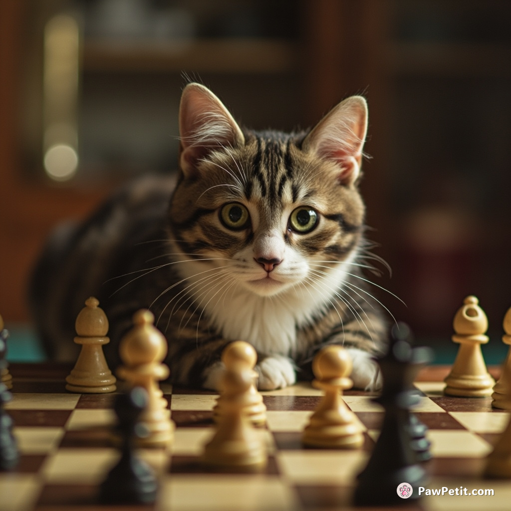 Cat challenges chess champions, believing her superior reflexes will dodge losing moves; executes complex 'paw swipes' over the board.