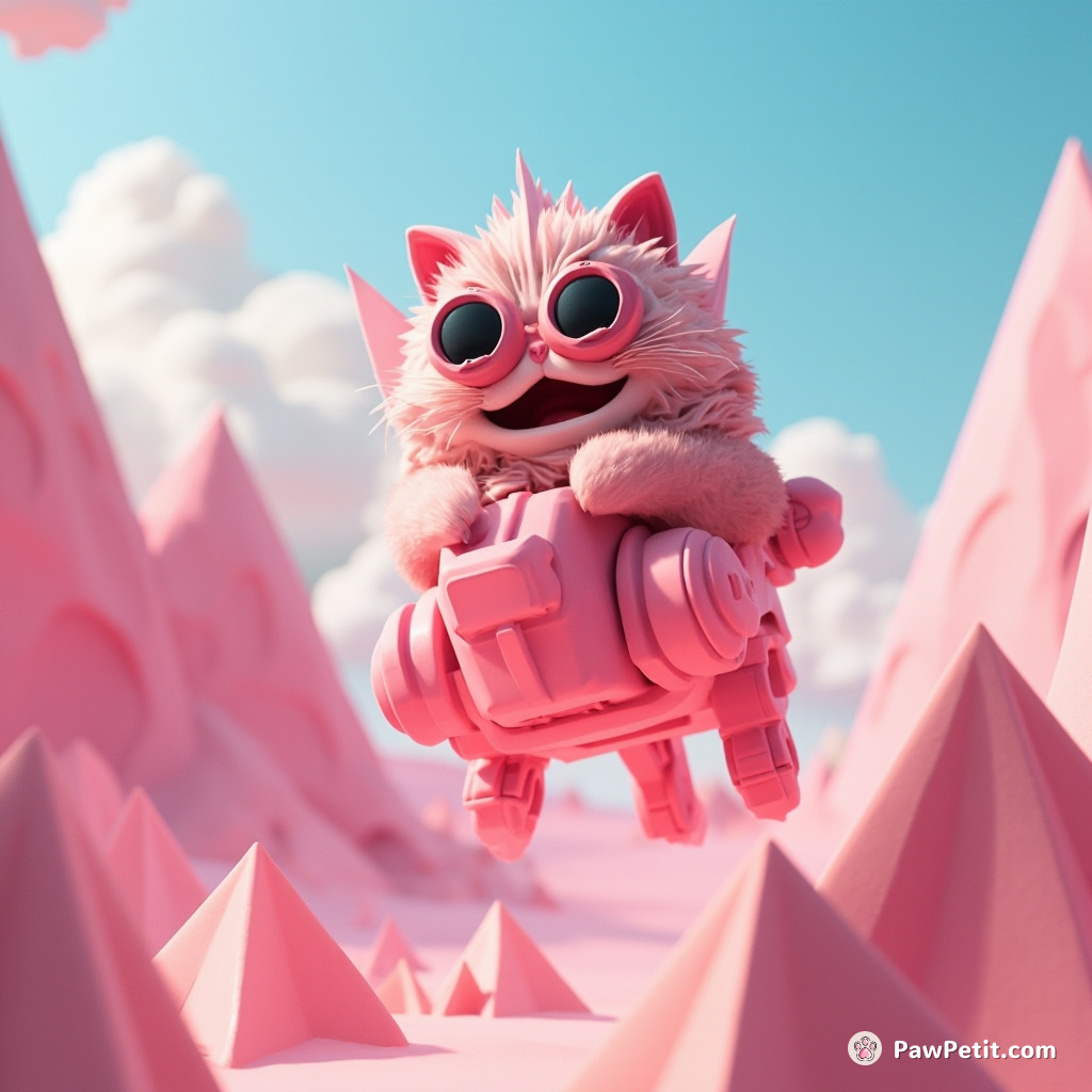 A Rampaging Cyclops Cat Piloting a Pink Cotton Candy Robot Through a Landscape of Origami Mountains.
