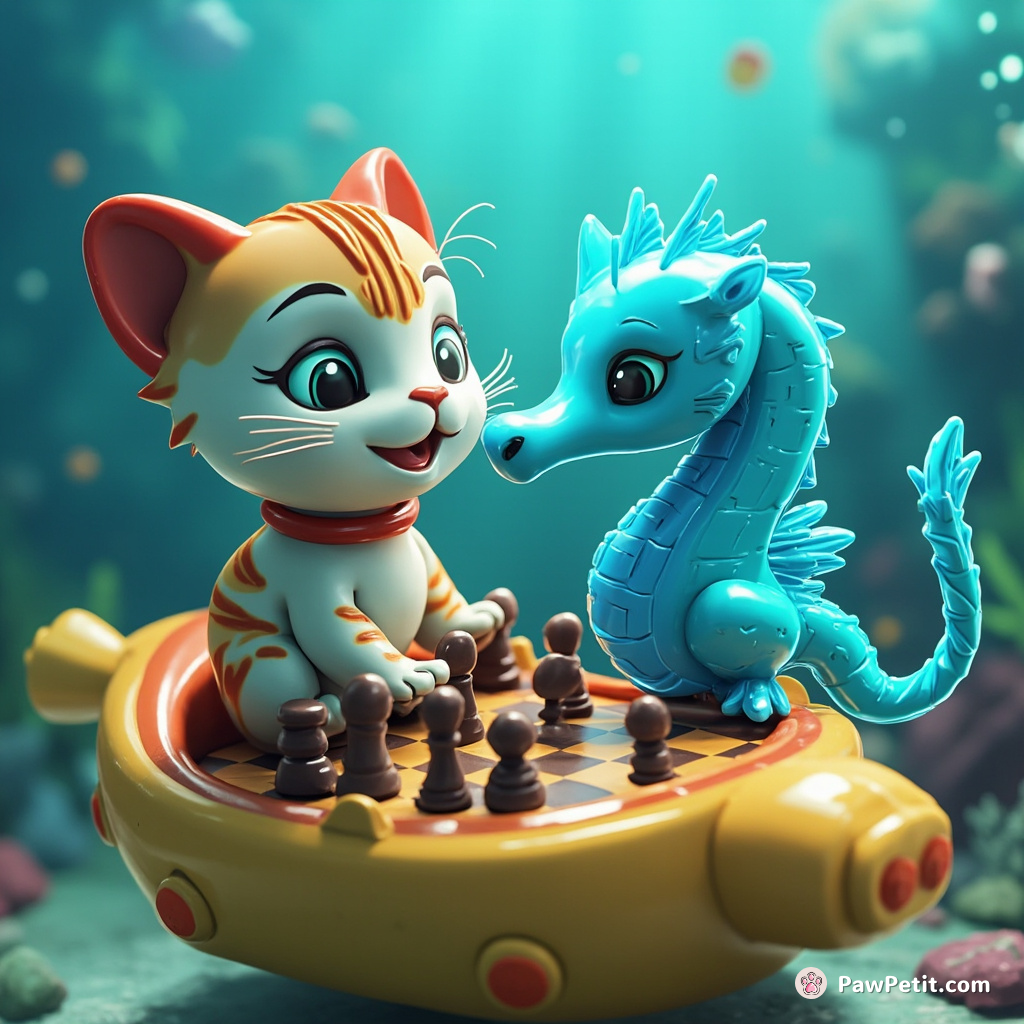 Cat playing underwater chess with a blue neon seahorse in an apple-shaped submarine.