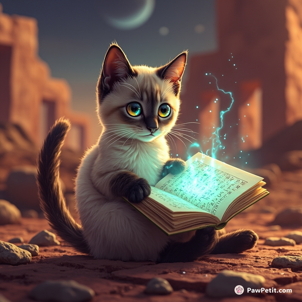 A multi-eyed Siamese cat reading ancient hieroglyphs from a levitating neon manuscript on the ruins of mars.