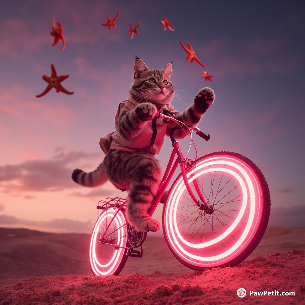 Cat riding a neon bicycle across a bacon sky, while juggling starfish.